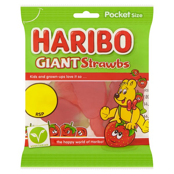 HARIBO Giant Strawbs Strawberry Flavour Chewy Jelly Sweets Pocket Pack 60g Pack size: Case of 20