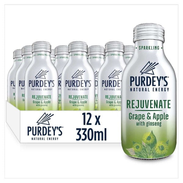 Purdey's Natural Energy Rejuvenate Sparkling Grape & Apple with Ginseng Bottle 330ml Pack size: Case of 12